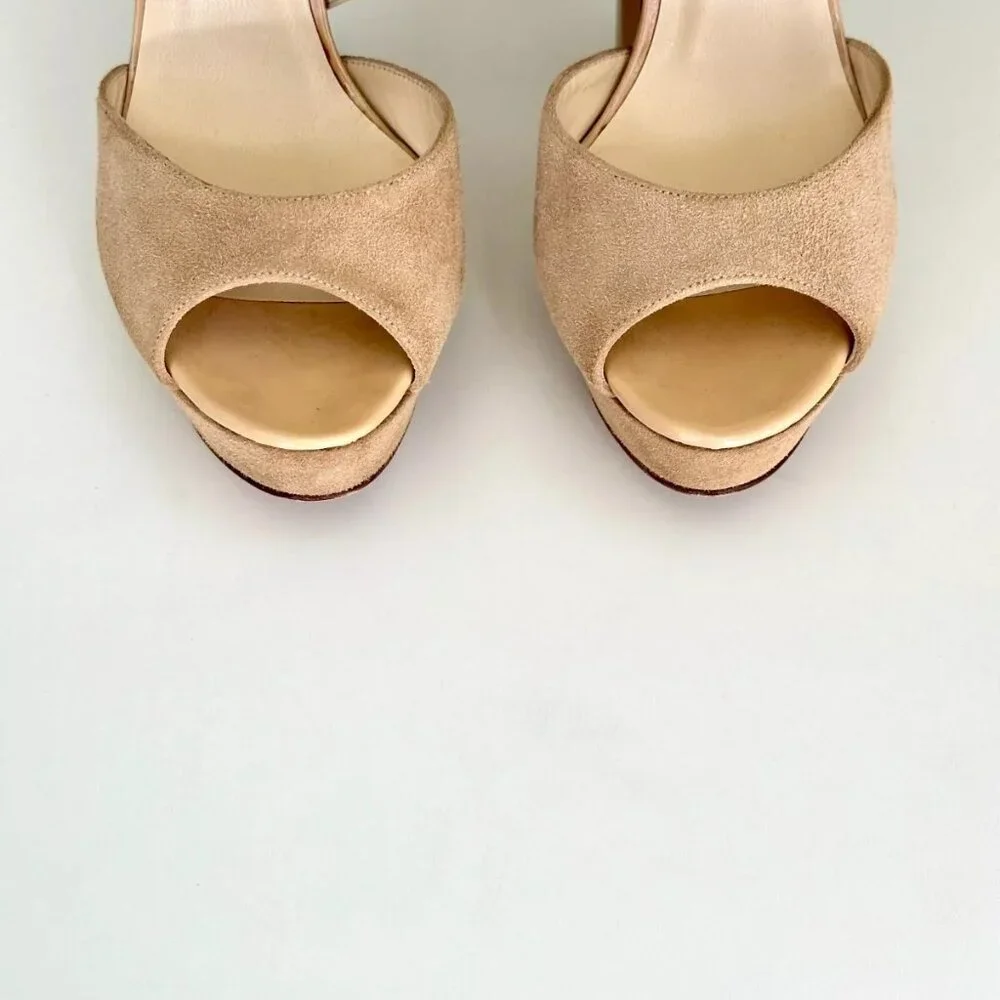 JIMMY CHOO Patent Leather Suede Platform Ankle Strap Sandals in Nude Size US 9